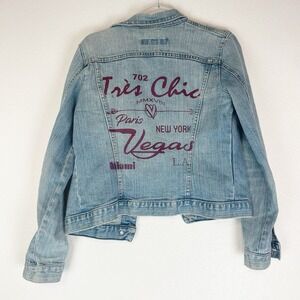 Vintage Gap Denim Jean Jacket Womens Medium Y2K‎ Graphic Print City Glam Blue M